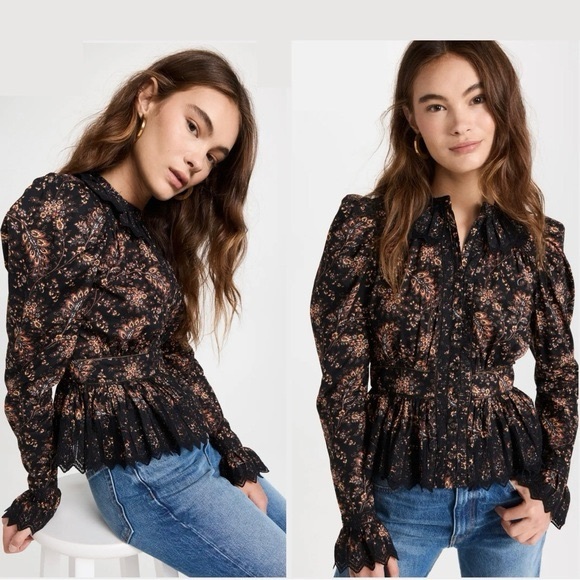 NWT ULLA JOHNSON Brigitte Puff Sleeve Peplum Blouse in Minuit Floral Print - Picture 2 of 12